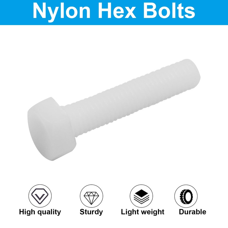 Piutouyar 20 Pair M8x40mm White Nylon Hex Bolts Plastic Hex