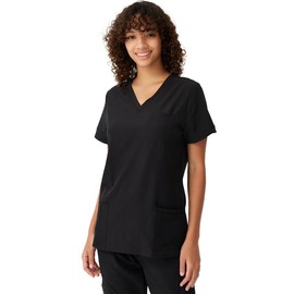 floralhue Scrubs for Women, Soft V-Neck Scrub Tops, Stretchy Medical Uniform with 5 Pockets, Breathable & Easy Care, Black, L