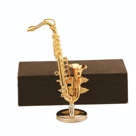 Dselvgvu Miniature Saxophone with Stand and Case Brass Mini Musical Instrument Replica Collectible Figurines Dollhouse Accessories Model Home Decorations Ornaments (Tenor Saxophone, 3.16"x1.69"x0.63")