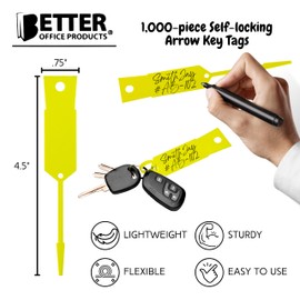 Better Office Products Self-Locking Arrow Key Tags, 1,000 Per Pack, 4.5" x 0.75", Plastic ID Key Tags, Precision Die Cut, (Yellow)