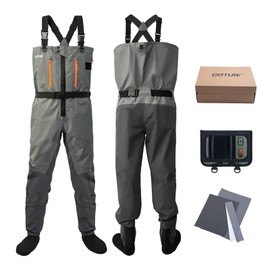 Goture 5-Layer Waterproof Zip Front Stocking Foot Waders, Breathable Fly Fishing Waders for Men Women with Handwarmer, Multiple Storage Pockets, Waist Belt, Fishing Chest Wader for Fishing Hunting S