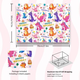 Prehistoric Vibrant Dinosaur Jurassic Gift Wrap Dino Roar Princess Pink Wrapping Paper Baby Girl Kids For Birthday Christmas Party Baby Shower, Folded Flat 30 x 20 Inch, 6 Sheets in 1 Designs: 23sq. ft. ttl