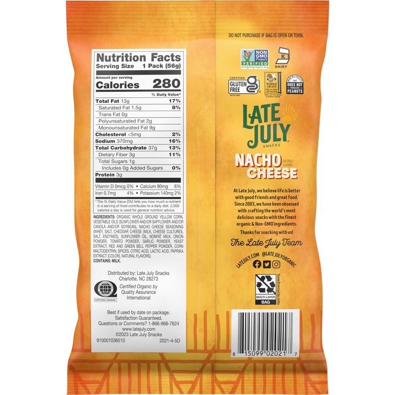 Late July Snacks, Nacho Cheese Tortilla Chips, 2-oz. Bag (Pack