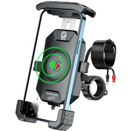 BRCOVAN Motorcycle Phone Mount Holder with Qi 15W Wireless Charger & PD/USB-C 20W Fast Charging Port, [1s Lock] Cellphone Cradle with Aluminum Alloy Handlebar Mounting Base for 4-7'' Smartphone