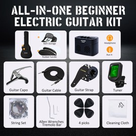AODSK Electric Guitar with Amp Beginner Kit 39 Inch Solid Body Full Size,All Accessories,Digital Tuner,Six Strings,Four Picks,Tremolo Bar,Strap,Gig Bag,Starter kit (Black-HSS)