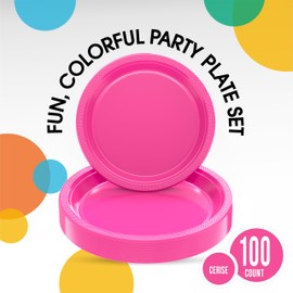 Exquisite 9 & 7 Inch. Dinner Plate Combo 100 Pack Cerise Plastic Plates Disposable, 50-7 Inch Dessert Plates & 50-9 Inch Dinner Plates Cerise Plate Set, Plastic Plates For Party, Party Plates