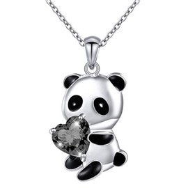 Yienate Panda Silver Panda Heart Crystal Bear Pendant Necklace Chain - Cute Animal Jewellery Gift for Women Girls (Black)