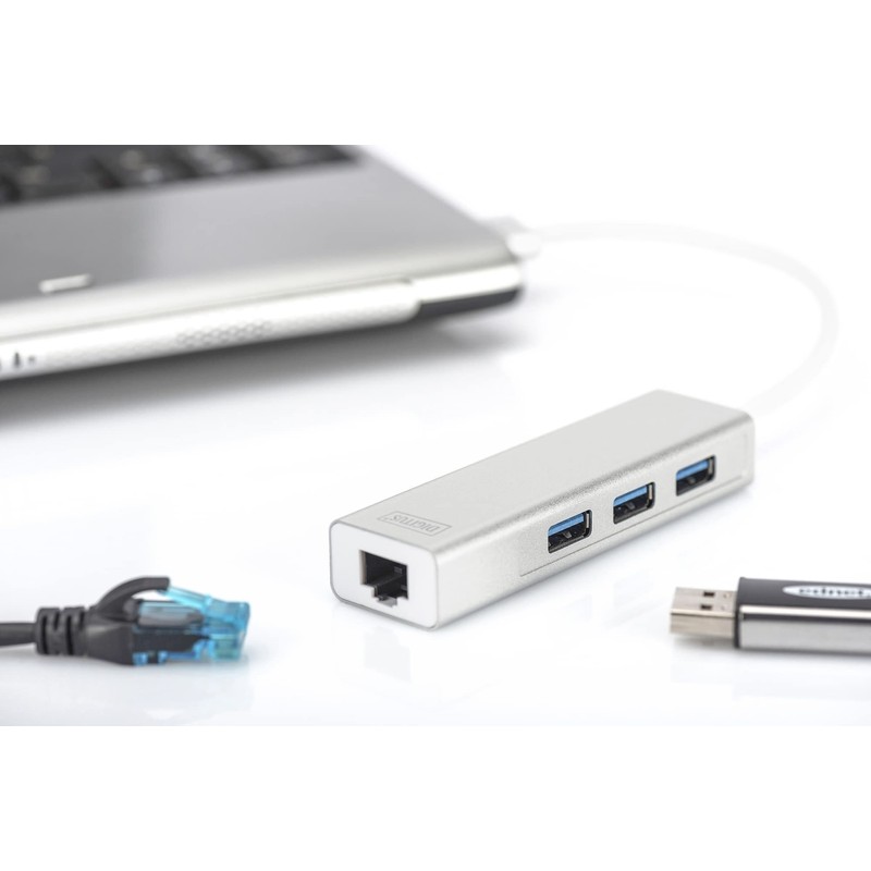 DIGITUS USB-Hub - 3 Ports - RJ45 Ethernet-Anschluss - Super-Speed