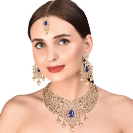 Touchstone Indian Bollywood Desire Legendary Style Faux Blue Sapphire Grand Designer Bridal Jewelry Necklace Set In Antique Gold Tone For Women