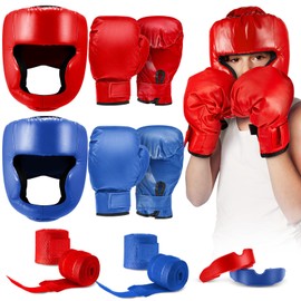Kanayu 12 Pcs Kids Boxing Equipment Set for Beginners Ages 6-18 Years Including Boxing Helmet and Gloves Hand Wraps Sport Mouthguards Taekwondo Sparring Gear for Kids and Children(Blue, Red)