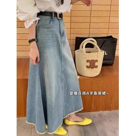 [Overseas] Vintage slim denim skirt for women in summer, thin belly body, large size, plump mm, medium length, A-shaped care skirt Sky Blue [Edge Design] - m [90-100 kg] 2ea