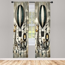 Ambesonne Animals Window Curtains, Nostalgia Feels Happy Tale of Animal Friends Giraffe Zebra Lion with Birds, Lightweight Decor 2-Panel Set with Rod Pocket, Pair of - 28" x 63", Dusk Dark Teal Ecru