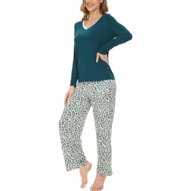 GYS Women's Pajama Sets Bamboo Viscose Long Sleeve Pj Set Soft Sleepwear with Pockets Printed Sleep Lounge Set, Green/ Leopard, Small