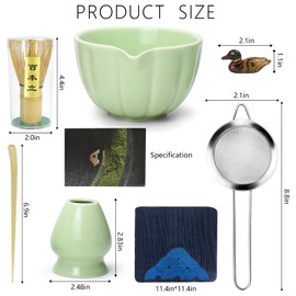 Artcome 7 Pcs Japanese Matcha Tea Set - Matcha Bowl with Pouring Spout, Matcha Whisk, Tea Scoop, Whisk Holder, Handmade Matcha Ceremony Kit For Japanese Tea Ceremony, Green