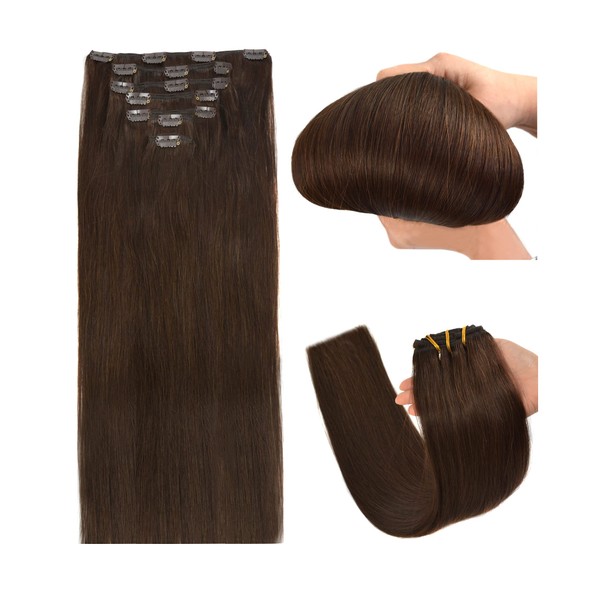 Clip-In Real Hair Extensions, 120 g, 7 Pieces, Remy Real Hair Extensions Clip Human Hair (20 Inches #2 Dark Brown)