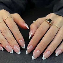 Press On Nails 24pcs Acrylic Medium Almond French Full Cover False Nails Women Girls Daily Decoration Nail Extension Easy DIY White Tip