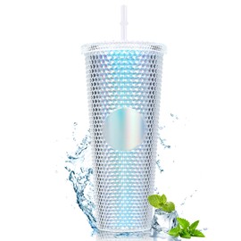 Joymaking Studded Tumbler with Straw and Lid, Double Walled Cold Cup, 24oz Studded Cup Plastic Cup Glitter Water Bottle Cups for Iced Coffee, Slush and Smoothies（Dazzling Color）