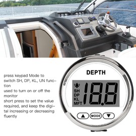 Stainless Steel Depth Sounder with Transom Mounted Transducer, White, 53mm - High Accuracy, Waterproof, 100m Depth Indicator, Suitable for Yachts, Fishing Boats