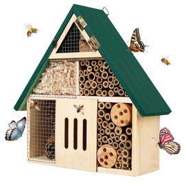 Bee House Hanging Insect Hotel – Natural Wooden Bee Hotel for Outdoors, DIY Insect Shelter for Garden, Yard, or Balcony – Attracts Pollinators Like Bees, Butterflies & Ladybugs