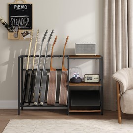 MAHANCRIS Guitar Stand, Guitar Holder for 7 String Instruments, Suitable for Acoustic Guitar, Bass, Electric Guitar, Guitar Display Rack with Side Shelves for Amplifier, Record Player, Audio Equipment, with Non-Slip Rubber Pads, for Music Studio, Rustic Brown and Black GSHR9701