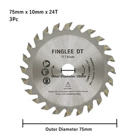 FINLEE DT 3 Piece Carbide Circular Saw Blades 76mm x 10mm x 24 Teeth Fine TCT Saw Blades for Wood, Plywood, Plastic