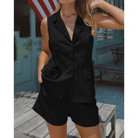 PRETTYGARDEN Women Summer 2 Piece Outfits 2025 Casual Lapel V Neck Button Down Vest Shorts Set Business Work Blazer Sets(Black,Large)