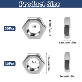 60 Stück Sechskantmutter, 30 M8 Mutter und 30 M6 Mutter, Muttern Set Edelstahl Muttern M8 M6 Edelstahl, Kohlenstoffstahl Sechskantmuttern für Schrauben Unterlegscheiben Gewindestangen