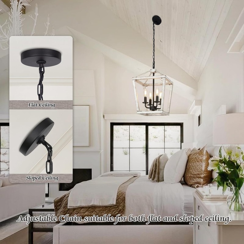 4 Light Rustic Chandelier, Farmhouse Lantern Fixture with Brushed White