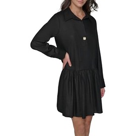 Karl Lagerfeld Paris Women's Gathered Flounce Linen Longer Sleeved Shirt Dress, Black
