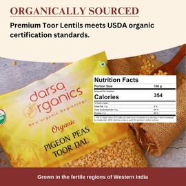 Darsa Organics Toor Tur Dal 2 lb | Yellow Split Pigeon Peas Lentils | Arhar Dal | USDA Organic | Non-GMO | Chemical-Free | Kosher