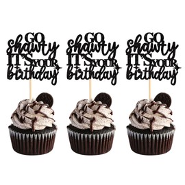 24PCS Go Shawty It's Your Birthday Cupcake Toppers Hip Hop Happy Birthday Banner Sign for Women Men Adult Her Funny 21st 30th 40th 50th 60th 80th Rap Theme Birthday Party Supplies black