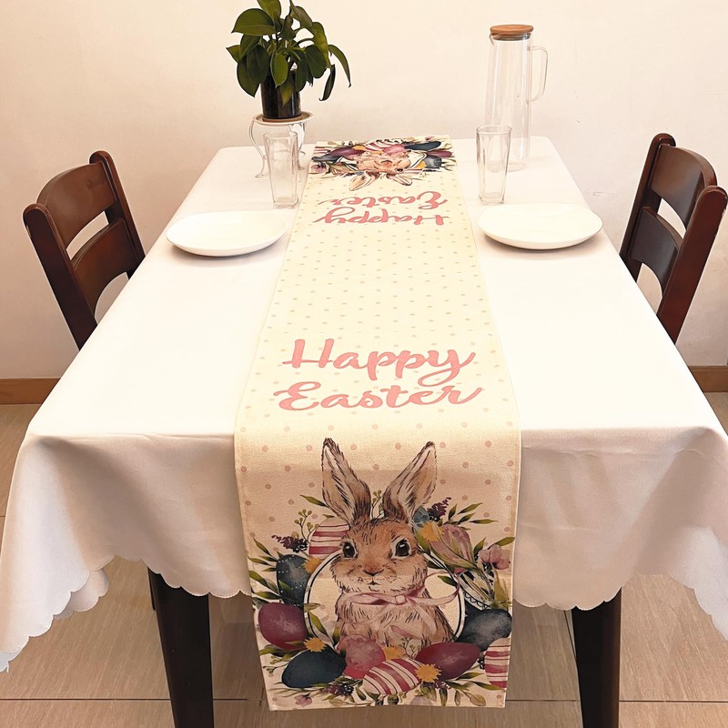 SEAHUI Happy Easter Rabbit Table Runner Easter Egg Wreath Table