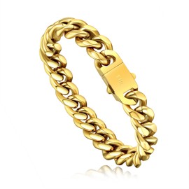 NOBYLO 10mm 12mm Miami Cuban Chain Bracelet for Men and Women 14k/Platinum Plated Thick Stainless Steel Hip Hop Jewelry, Gift for Sons, Fathers, Friends, Low Allergy, Anti Fading(12mm,14k, 7.5 Inches)