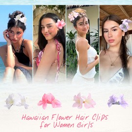 4PCS Hawaiian Flower Hair Clips for Women, Double Plumeria Flower Clips, 3.9 Inch Hibiscus Floral Clips for Girls Beach Accessories, Rose Orchid Floral Hair Clips for Summer Vacation Party Wedding