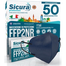 50 FFP2 Masks, CE Certified Blue with Black Elastic Band, Safe Logo with Embossing, BFE ≥99%, Made in Italy, Sanitized and Individually Sealed FFP2 Masks