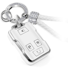CTRINEWS for GMC Key Fob Cover with Luxury Diamond Bling Braided Rope Keychain, Upgraded Soft Case for Canyon Sierra 1500HD Yukon XL Colorado Silverado Suburban Tahoe (4 buttons) Shell (Silver, B1)