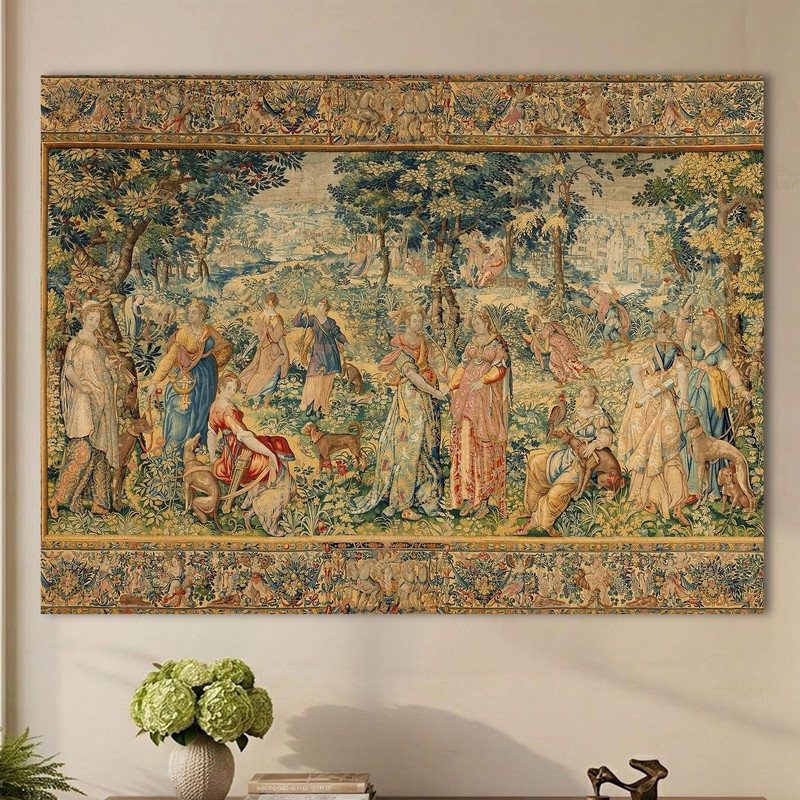 Medieval Tapestry Wall Hanging Renaissance Court Scene Wall Art
