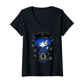Womens Spookscene Edgy Kitty Hat Scene Kid Emo Alt Goth Blue V-Neck T-Shirt