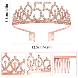 Rose Gold 55th Birthday Crown and Sash Girls 55th Birthday Decoration Rhinestone Birthday Tiara Princess Crown Queen Tiara Birthday Sash Girls 55th Birthday Decoration Party Clothing Accessories