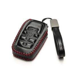 Vitodeco Genuine Leather Smart Key Fob Case with Leather Key Strap Compatible for Toyota Sienna 2021 - 2025 (5-Button, Black/Red)