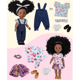 GAGAKU Black Doll for Girls, 14" Black Dolls Set for Toddlers Kids 1 2 3 4 5 6 Years Old, Black Girl Baby Doll with Hair to Comb, Including Doll Dress Clothes Outfits Hair Accessories