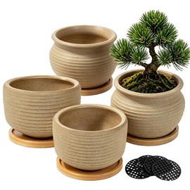 Rustic 4 inch Bonsai Plant Pot with Bamboo Tray Set of 4, Unglazed Ceramic Succulent Cactus Pot Indoor Outerdoor with Drainage Hole