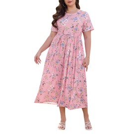 Keluummi Plus Size Summer Maxi Dress for Curvy Women, Casual A Line Wedding Guest Dress with Pocket, Empire Waist, 3/4 Sleeve(20 Plus, 04 - Pink Floral)