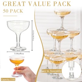 Zopeal 50 Pcs Champagne Glasses 5 oz Unbreakable Plastic Martini Glasses Disposable Wine Cups Stackable Stemmed Champagne Coupe Shatterproof Party Stem Cups for Wedding Birthday Bar (Gold Glitter)