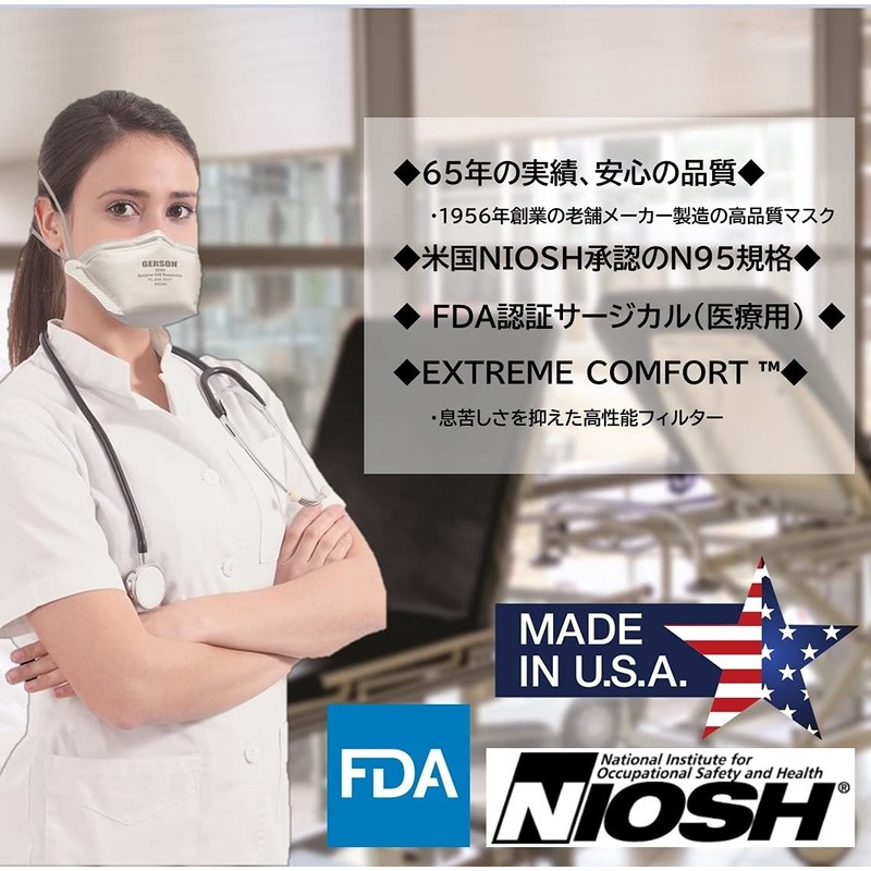 セーフラン安全用品 GERSON サージカルN95マスク くちばし型折たたみ式 50枚入 アメリカ製 JU001