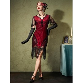 YESSA 1920s Flapper Dresses for Women,Sheer Beaded Sleeves Great Gatsby Dresses Roaring 20s Dresses Costumes with 20s Accessories,Flapper Costume,20s Outfit Red