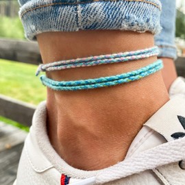 2x Boho Surfer Anklet Unisex - Ankle Bracelet Set of 2 Women & Men - Handmade Beach Jewellery & Festival Accessories - Waterproof & Adjustable - Thin String Rope Anklet - U (Baby Blue Set)