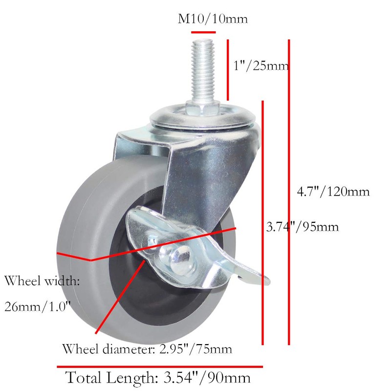 Caster Wheels, 3 Inch Heavy Duty Casters Threaded Stem Casters