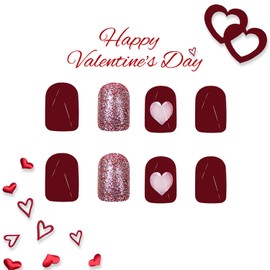 Wine Red Valentine's Press on Nails Short Square Glitter Powder Love Design Glossy Acrylic False Nails Full Cover Artificial Coffin Nails Valentine's Stick on Nails 24Pcs Glue on Nails for Women