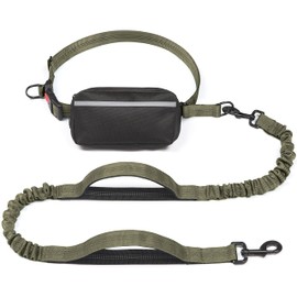 iYoShop Hands Free Dog Leash with Zipper Pouch, Dual Padded Handles and Durable Bungee for Walking, Jogging and Running Your Dog (Military Green, 8-25 lbs, Medium)